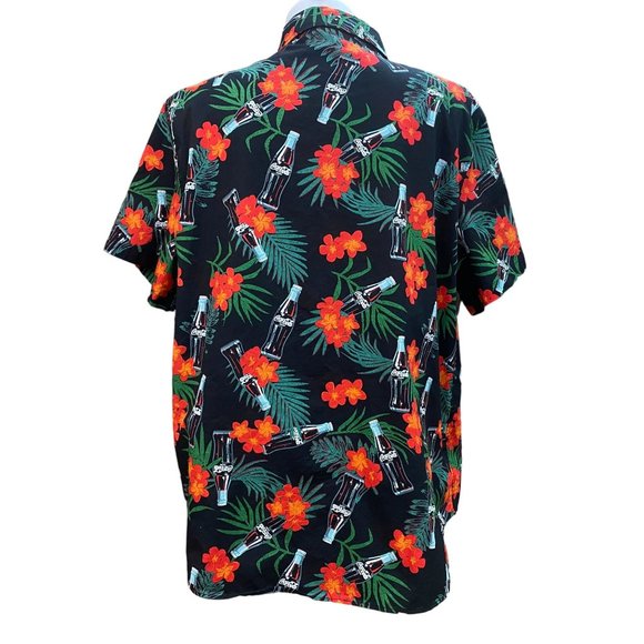 Coca-Cola Black Men XXL Hawaiian Button Up Shirt Floral Tropical Print - Picture 8 of 10